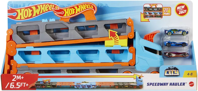Hot Wheels orange and blue toy hauler truck playset in box with car bays