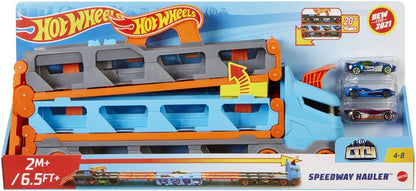 Hot Wheels orange and blue toy hauler truck playset in box with car bays