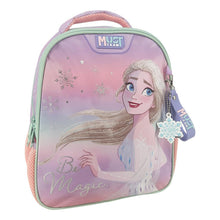 Preschool backpack with pink-purple Frozen princess print, mint trim, zipper front pocket