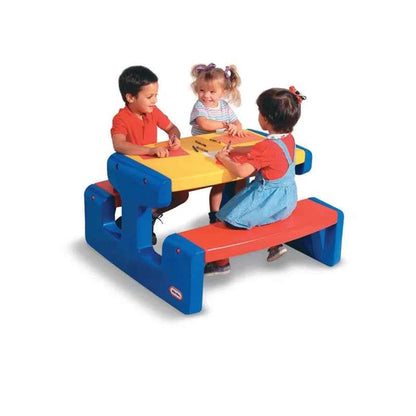 Primary picnic table with blue frame, yellow tabletop, and red bench for kids