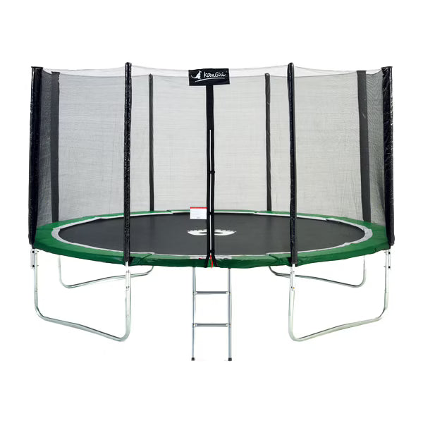 3.66m round trampoline with black safety net, green jumping mat, and ladder