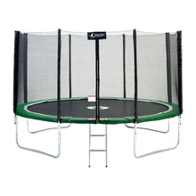 3.66m round trampoline with black safety net, green jumping mat, and ladder