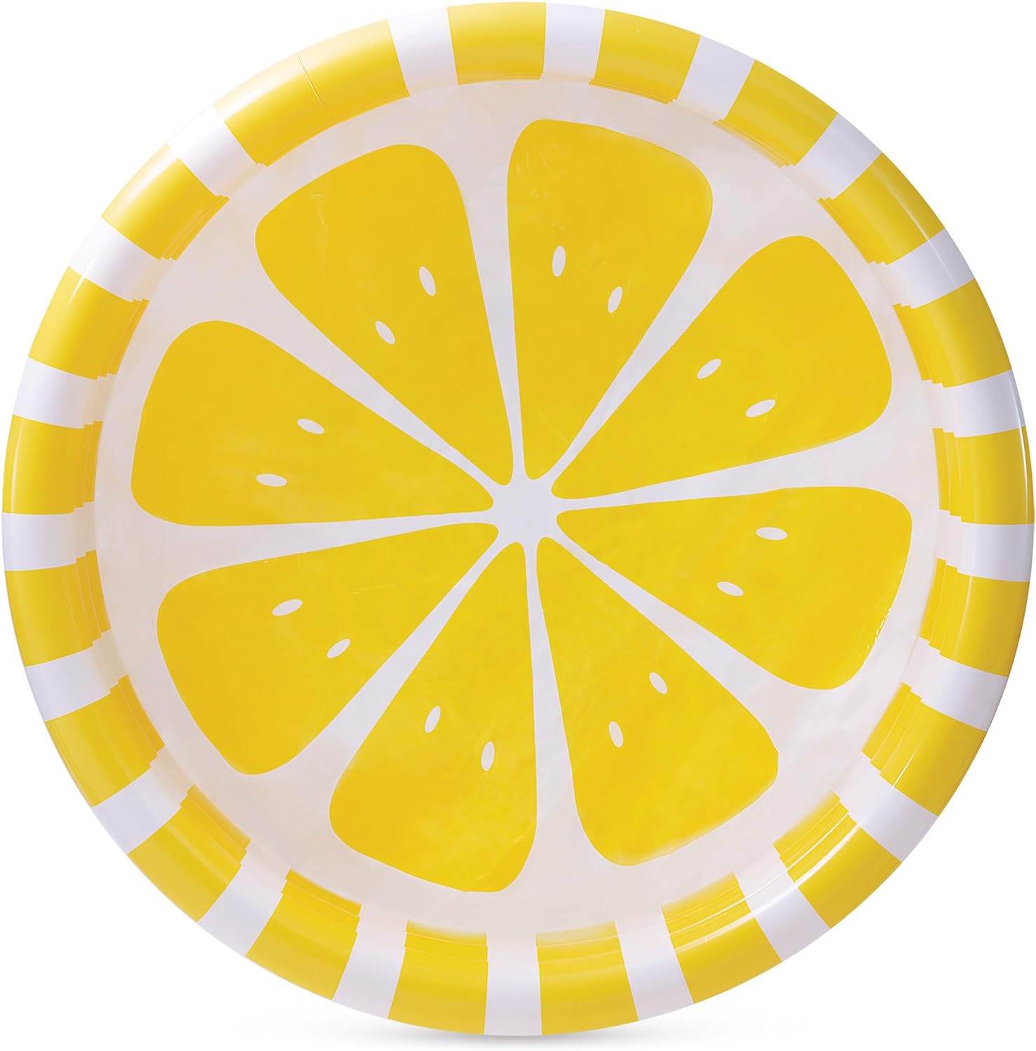 Inflatable yellow and white pool with lemon-slice graphic and striped border