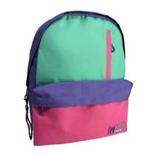 Color-block backpack with green top, purple front panel, pink bottom; front zipper, side loops