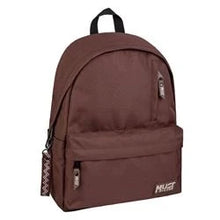 Monochrome classic brown backpack with beige trim, front zipper pocket, top handle