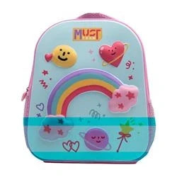Preschool backpack with rainbow front, hearts, and smiley 3D graphics, zip top