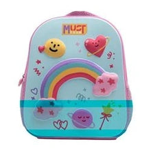 Preschool backpack with rainbow front, hearts, and smiley 3D graphics, zip top