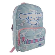 Cute light blue Cinnamoroll-themed backpack with front zip pocket and pink side tassel
