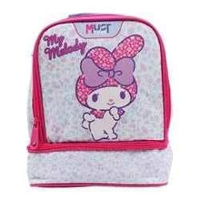 Two-compartment insulated lunch bag with zippered top and pink cartoon print