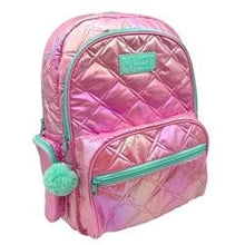 Fuchsia quilted backpack with teal front zipper, top handle, and pom-pom keychain