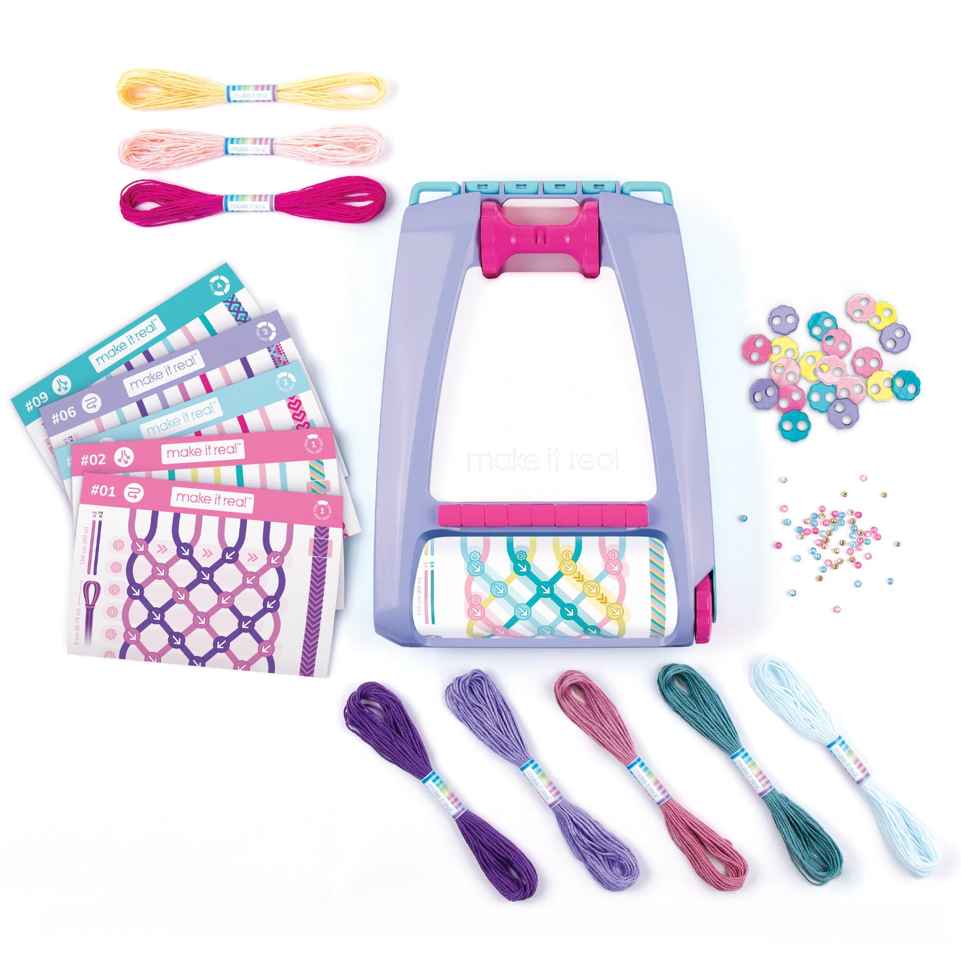 Telar de pulseras, ovillos de hilo multicolor, tarjetas de patrones y cuentas del kit