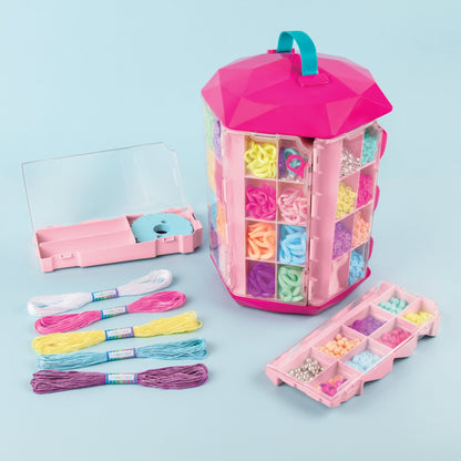 Pink 5-in-1 activity tower with bead trays, thread skeins and accessories