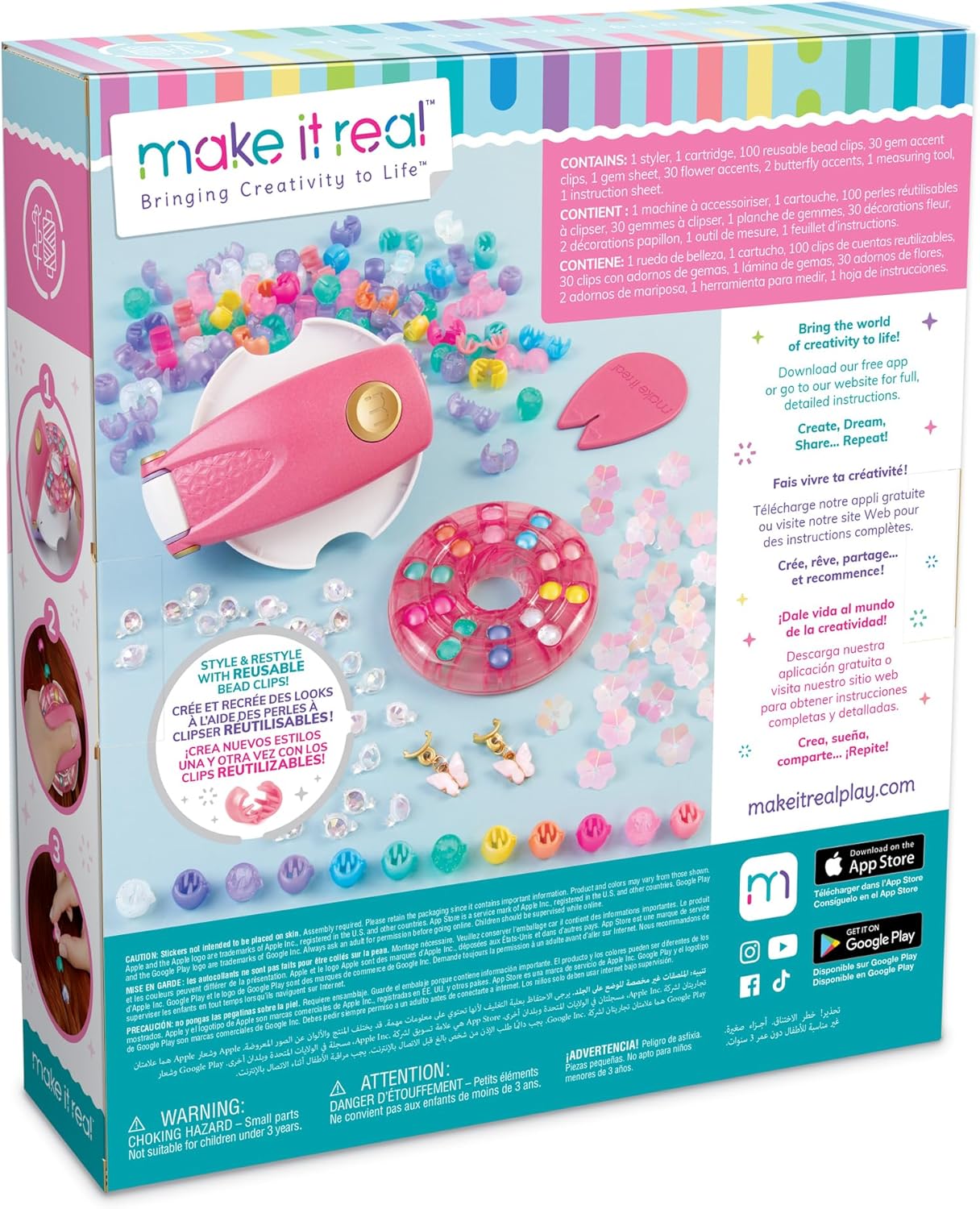 Snap N'Glam hair styling set box back with accessory instructions and bead counts