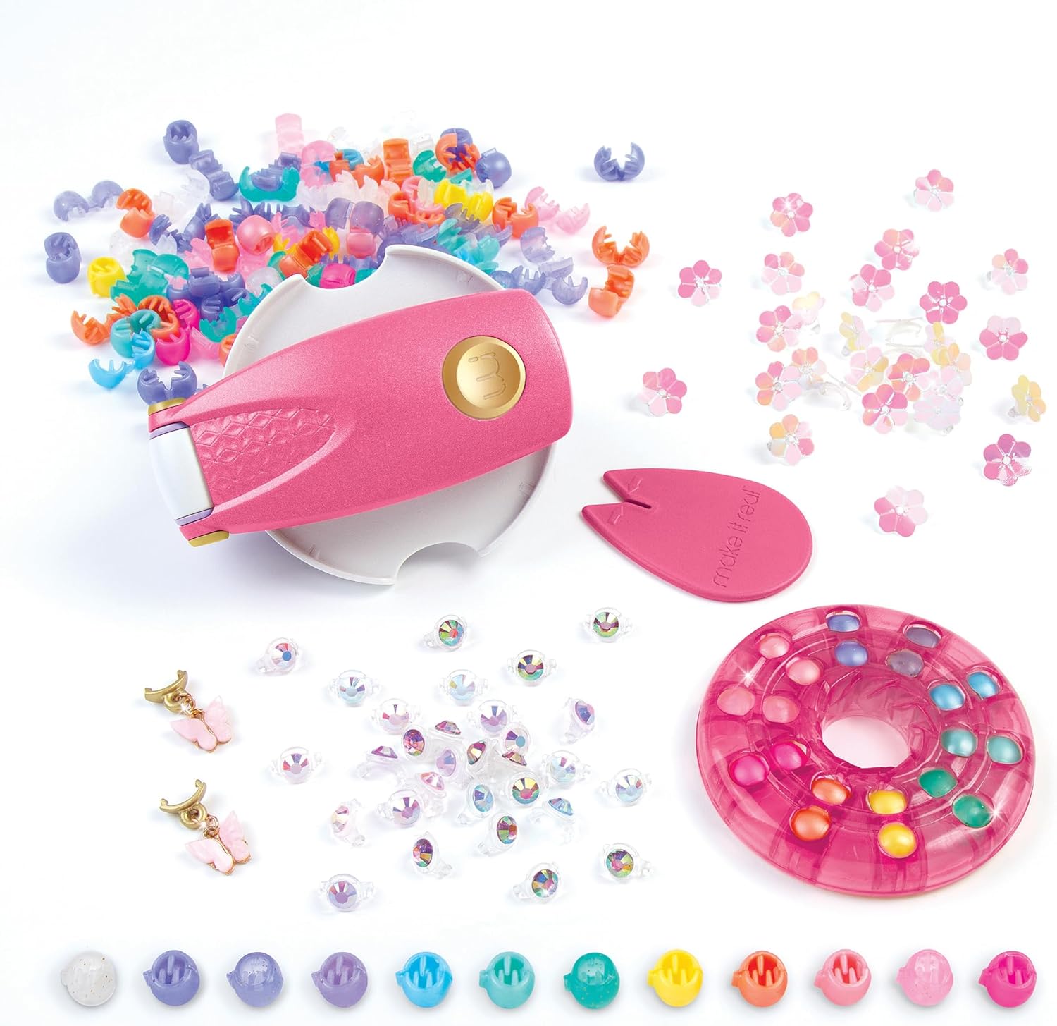 Pink bead hair styling tool set with clips, charms, and colorful hair gems