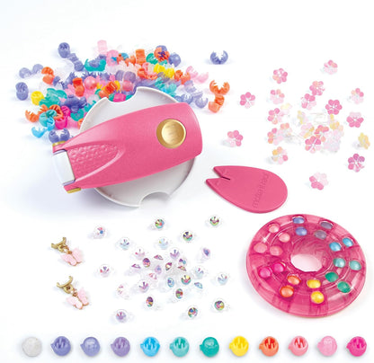Pink bead hair styling tool set with clips, charms, and colorful hair gems