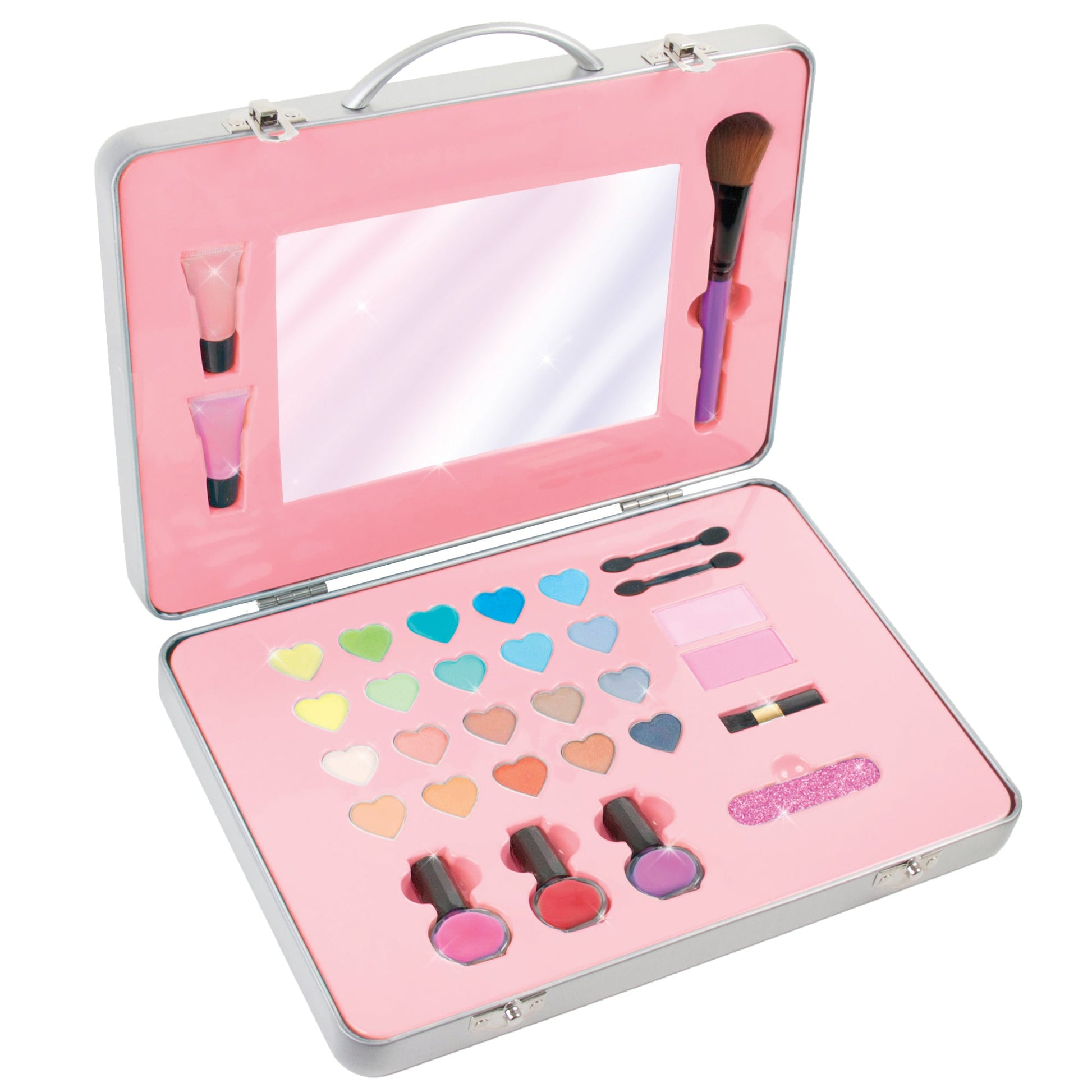 Open glam makeup set case with heart-shaped pans, gloss tubes and applicators