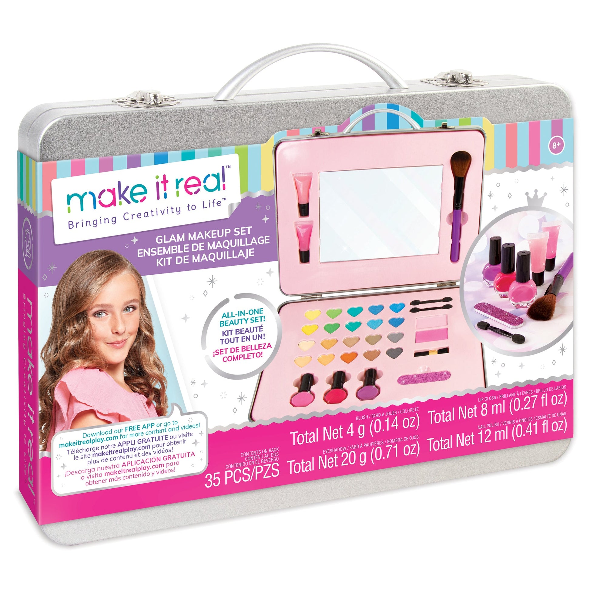 Makeup set in silver carry case with pink palette window and brushes