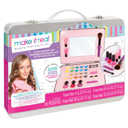 Makeup set in silver carry case with pink palette window and brushes