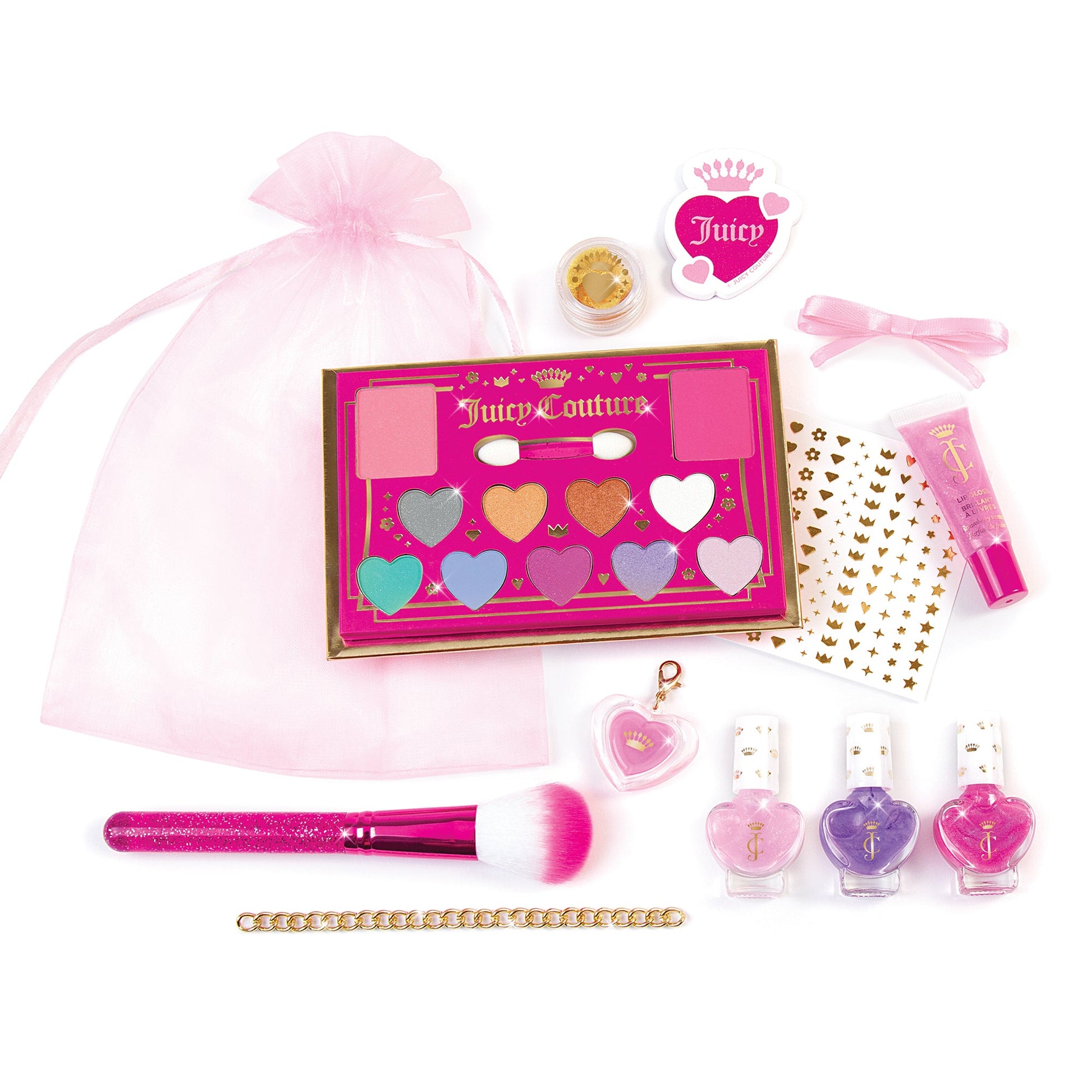 Luxe Cosmetic Set tray with heart shades, lip gloss, nail polish bottles and brush