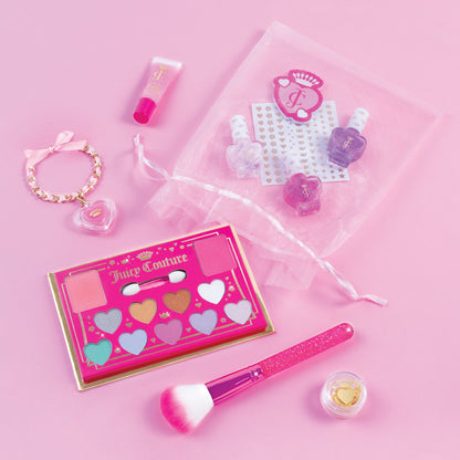 Pink Luxe Cosmetic Set items: heart eyeshadow palette, brush, gloss, nail polish, charms