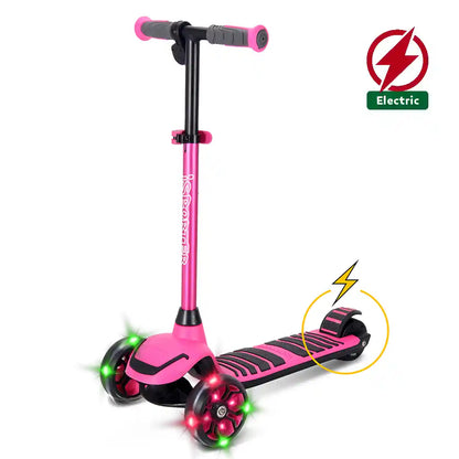 Pink 3-wheel electric scooter with light-up wheels and grippy foot deck