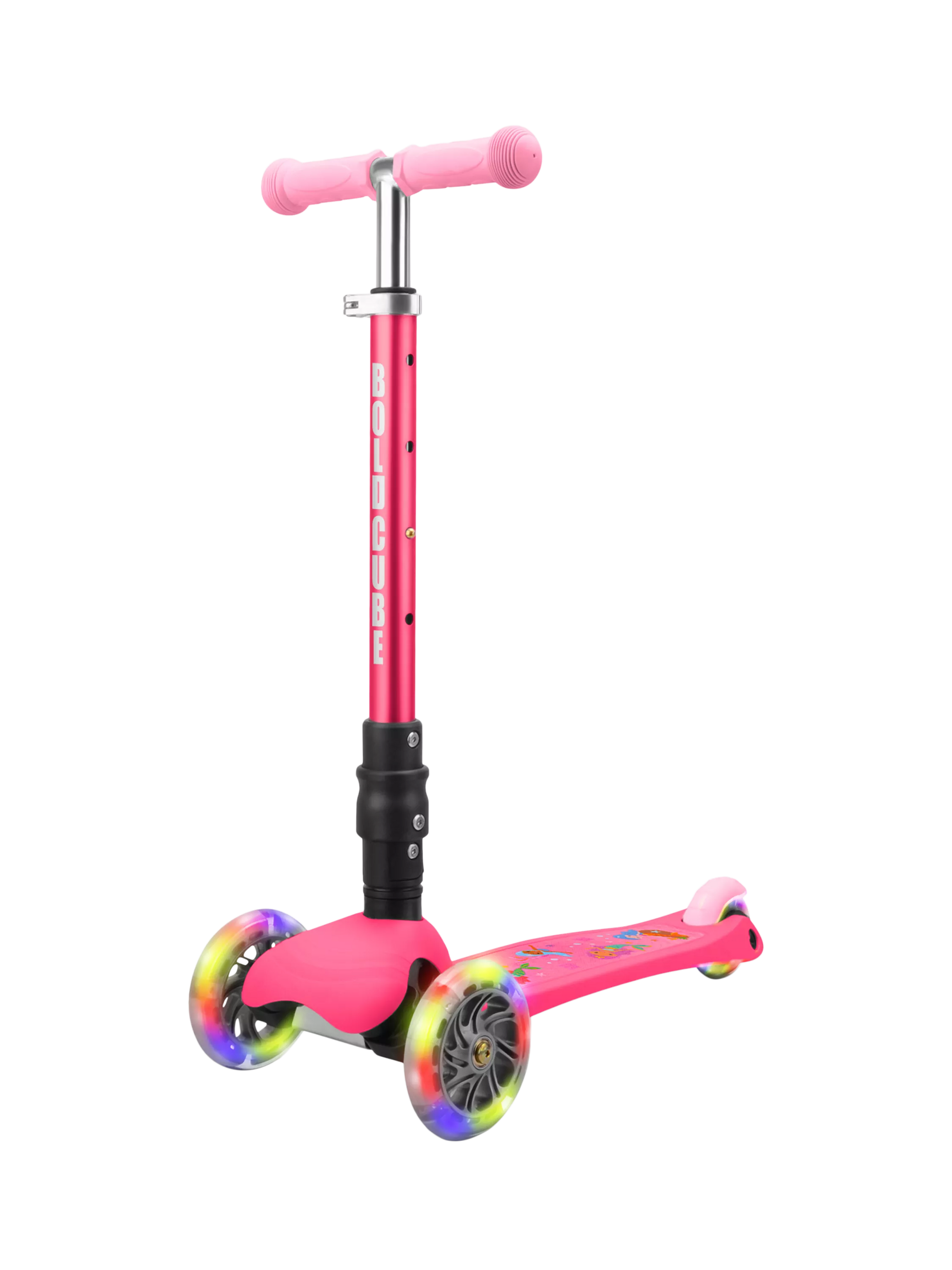 Pink 3-wheel scooter with rainbow wheels and padded handlebar grips