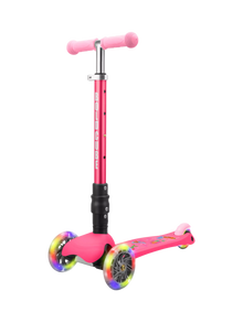 Pink 3-wheel scooter with rainbow wheels and padded handlebar grips