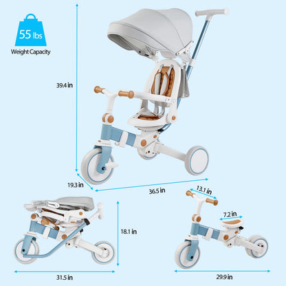 White and blue multi-stage tricycle stroller with canopy and adjustable handle