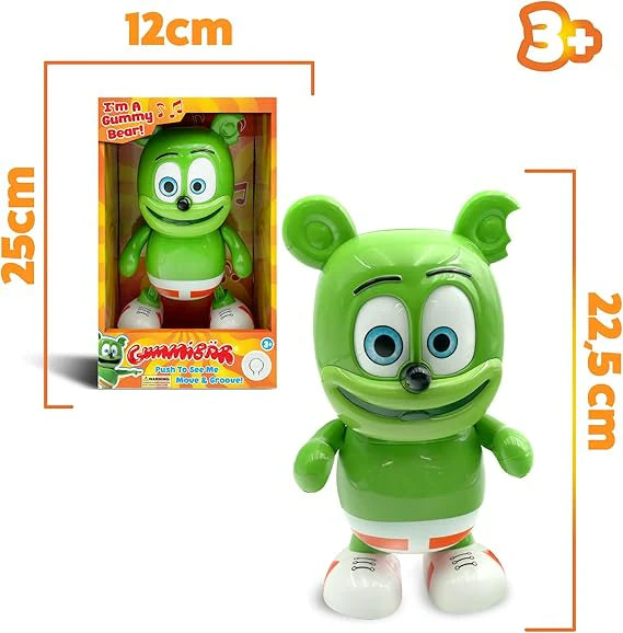 12cm green gummy bear toy with box, age 3+, dancing stance, red belt