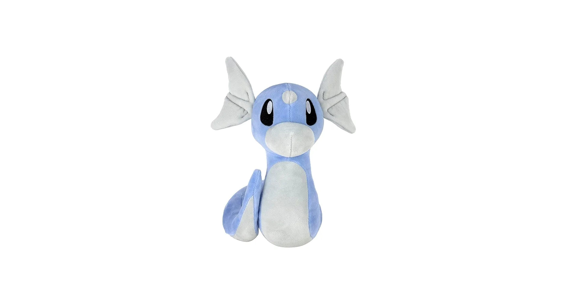 Small blue Dratini plush toy with white belly and gray fins, front view