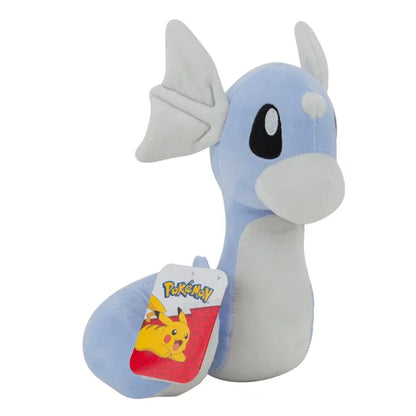 Blue Dratini plush toy with gray belly, big ears, and front Pokémon tag