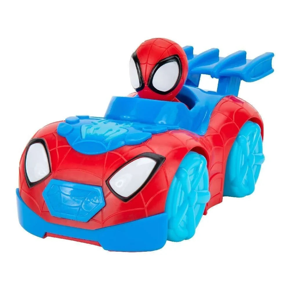 Red and blue light-up toy vehicle with spider-style head and side launcher