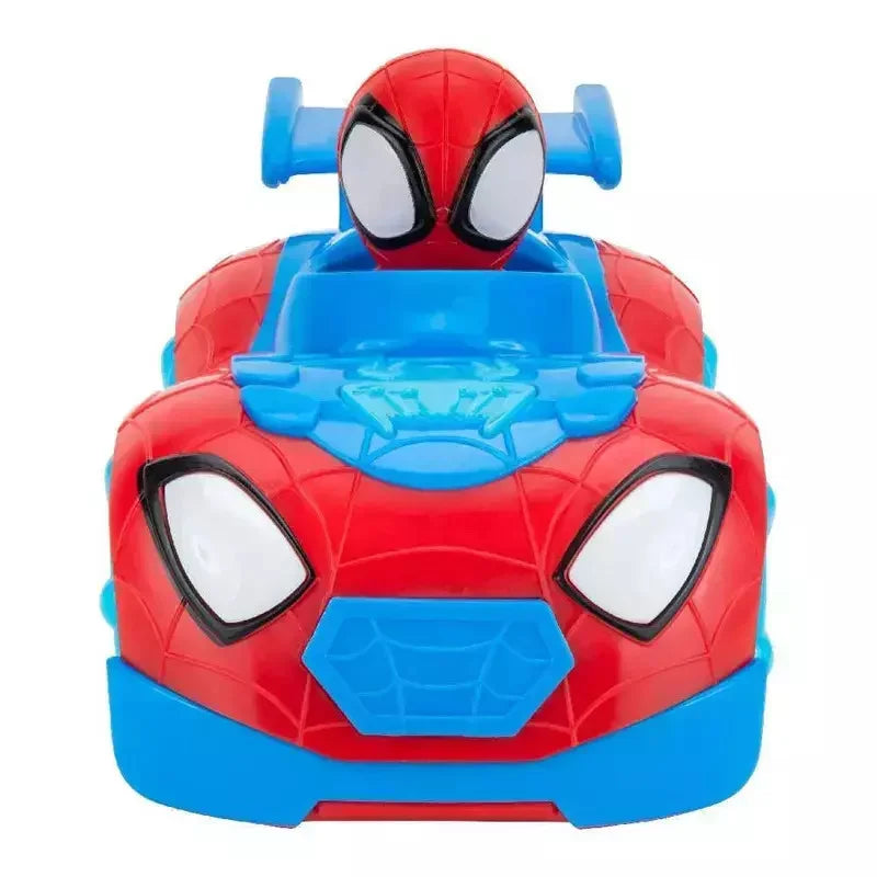 Red and blue light-up toy vehicle front with spider mask head and blue panels