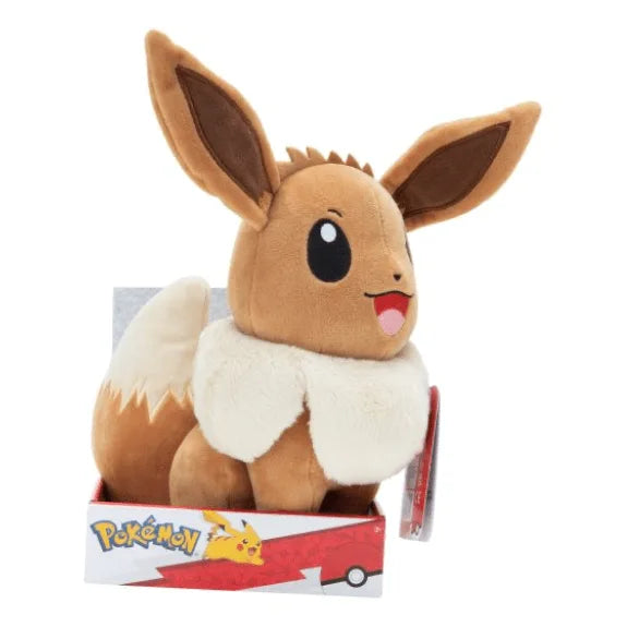 Eevee plush toy in a retail box, side view with white collar fur