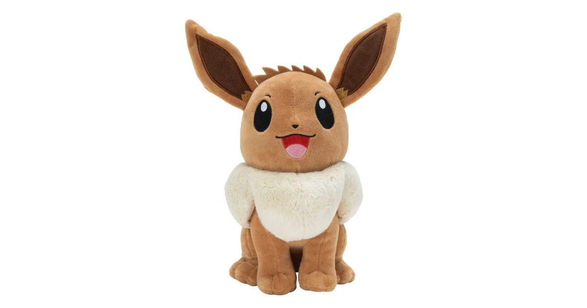 Eevee plush toy with long ears and white belly, standing upright