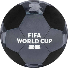 Black plush soccer ball with FIFA World Cup print and gray panel pattern