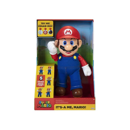 Super Mario boxed collectible figure in red cap and blue overalls with white gloves and brown shoes.