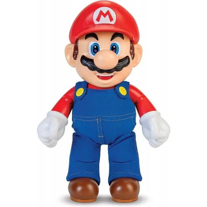 Mario plush figure with red cap (M) and blue overalls, red sleeves, brown boots.