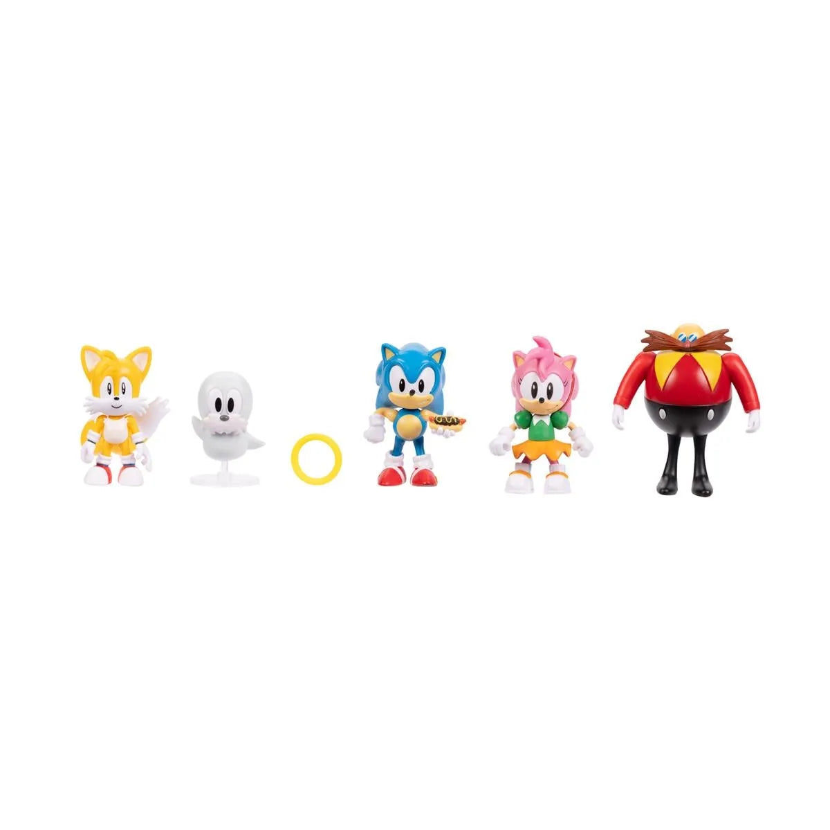 Sonic the Hedgehog character figures set, including Tails, Sonic, Amy, Eggman, and a white figure
