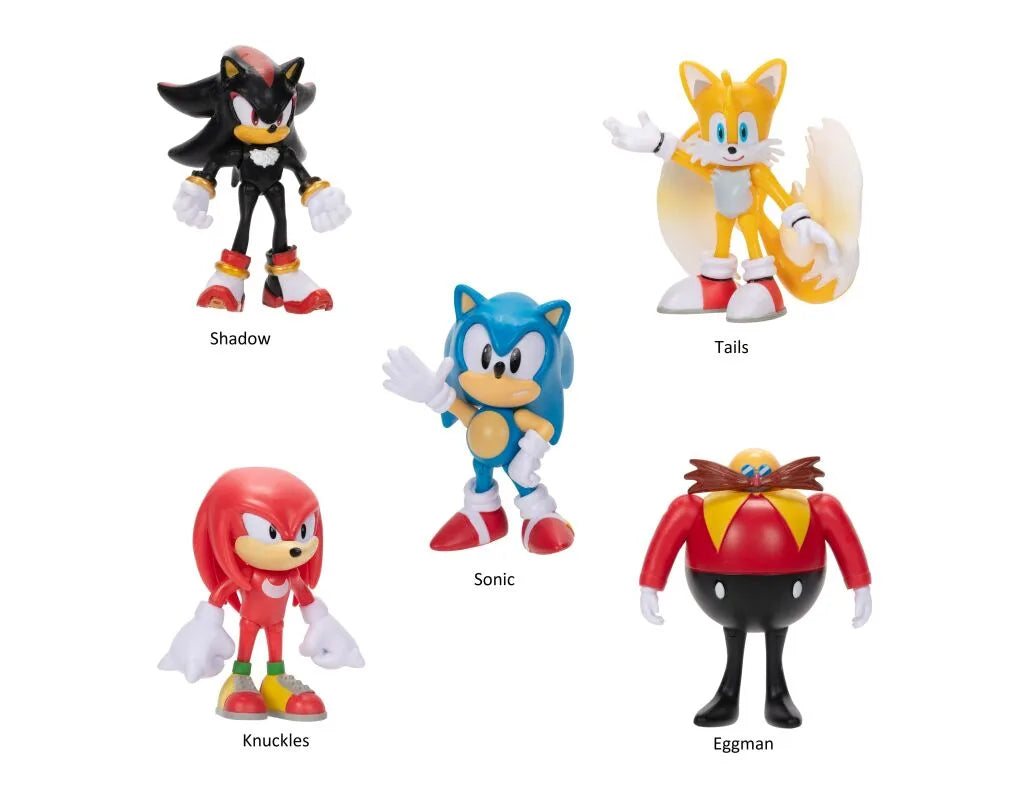 Sonic the Hedgehog character figures set, featuring Shadow, Tails, Sonic, Knuckles, and Eggman