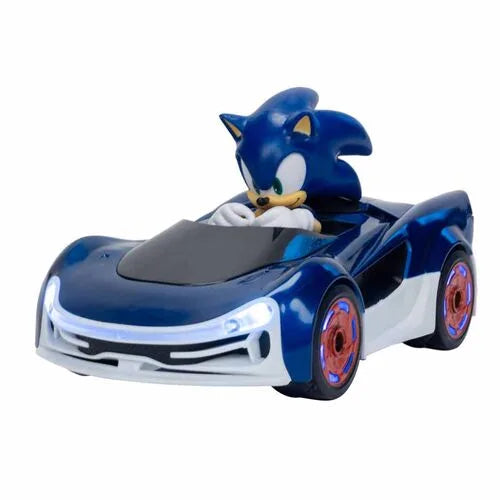 Blue RC drifting car with character figure, black windshield and red wheel accents