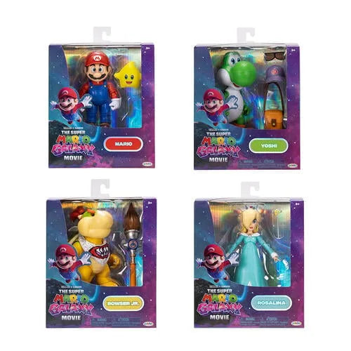 Assorted 5-inch Super Mario Movie figures, boxed characters: Mario, Yoshi, Bowser Jr, Rosalina
