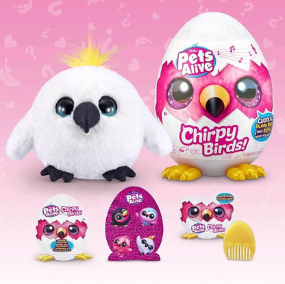Chirpy Birds toy set with white plush bird, pink egg capsule, and yellow feet accessories