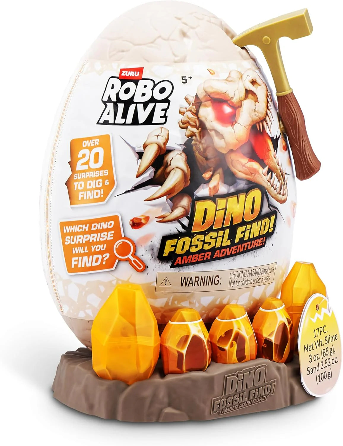 Dino Fossil Find amber adventure egg pack with slime crystal capsules and warning label