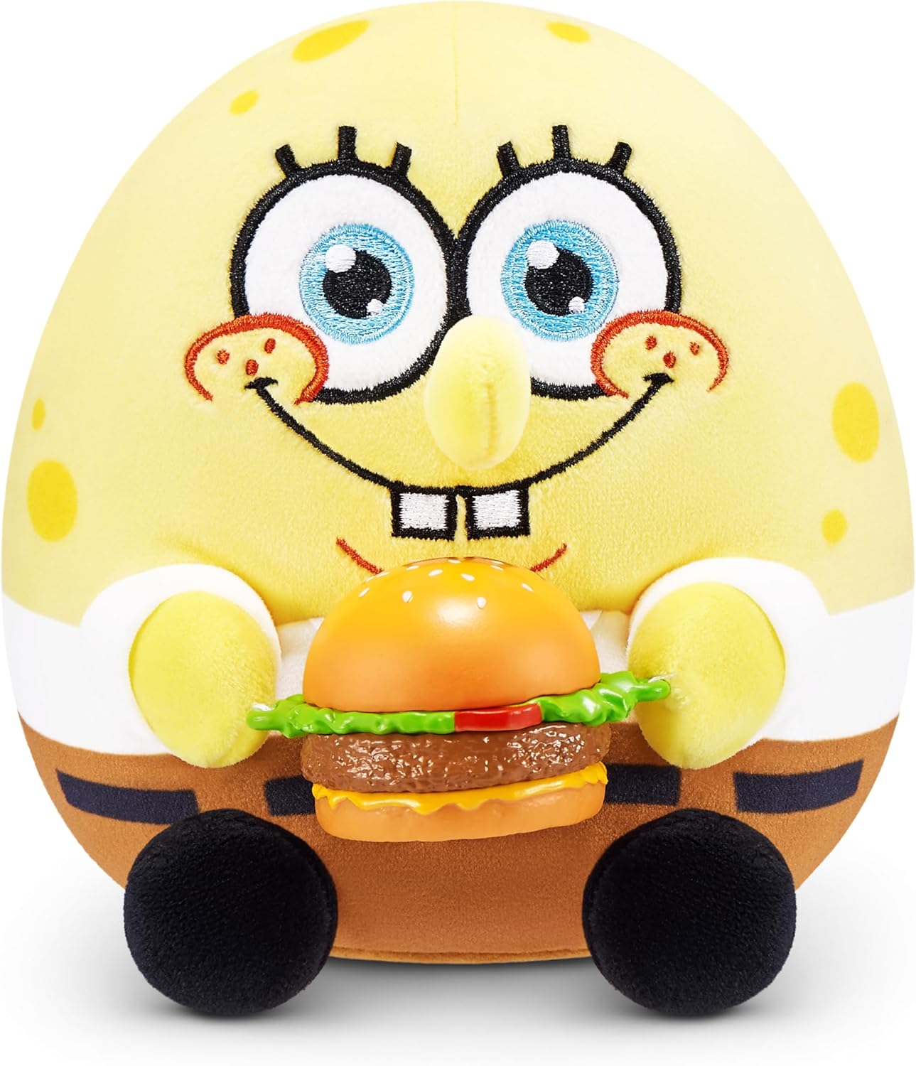 SpongeBob Snackles yellow plush capsule with burger design, blue eyes, black feet