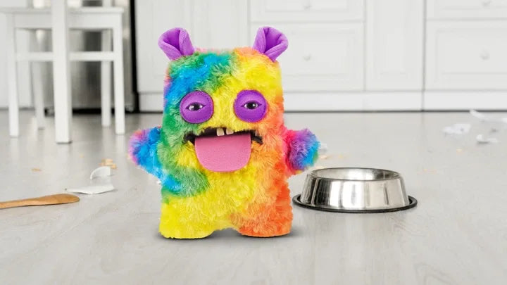 Rainbow guinea pig plush with purple eyes, open mouth, and tongue sticking out