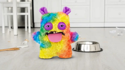 Rainbow guinea pig plush with purple eyes, open mouth, and tongue sticking out