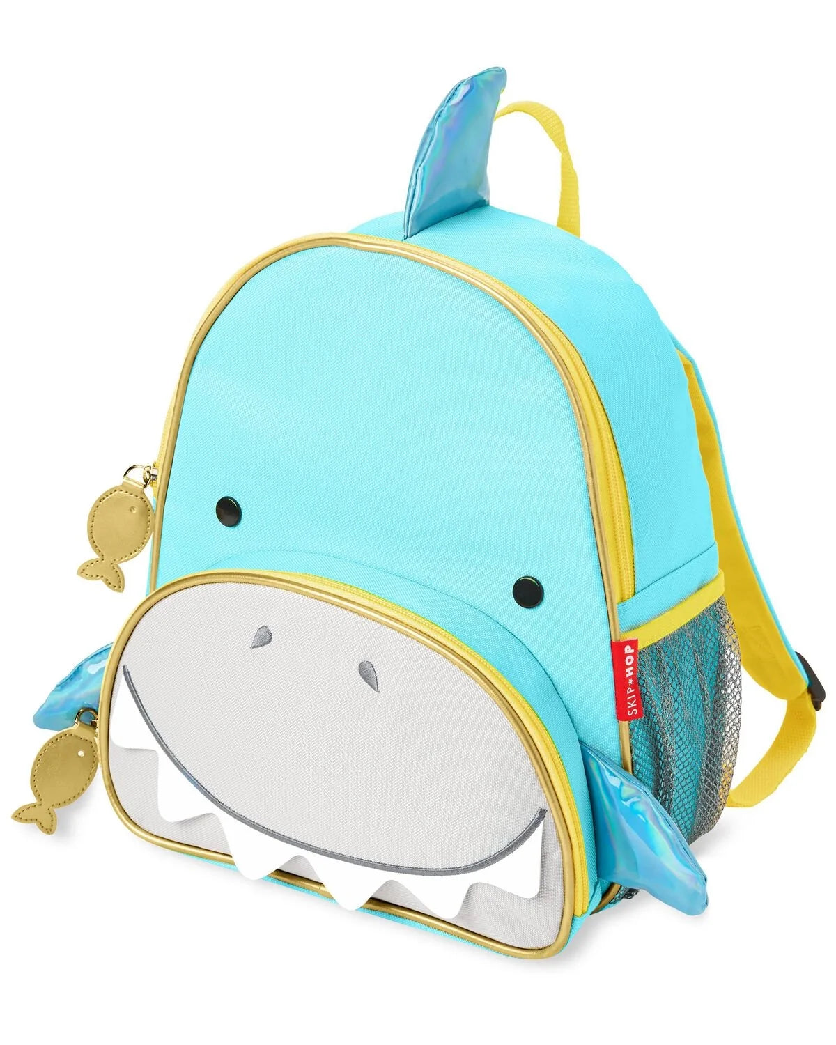 Light blue shark-shaped kids zoo backpack with gold trim, side fins, zip front pocket