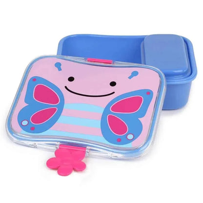 Kids butterfly lunchbox, clear window front, blue lid with pink butterfly face
