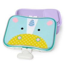 Unicorn lunch kit with clear window, teal trim, lavender handle and lid